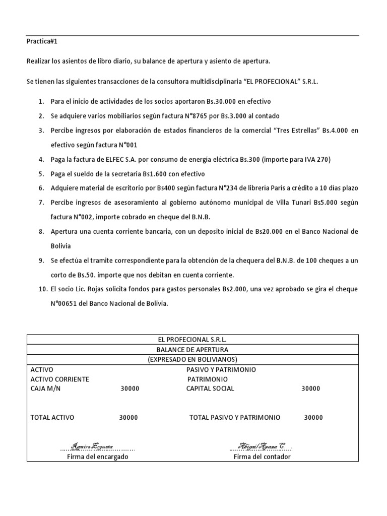 Asientos Contables y Balance de Apertura | PDF | Cheque | Bancos
