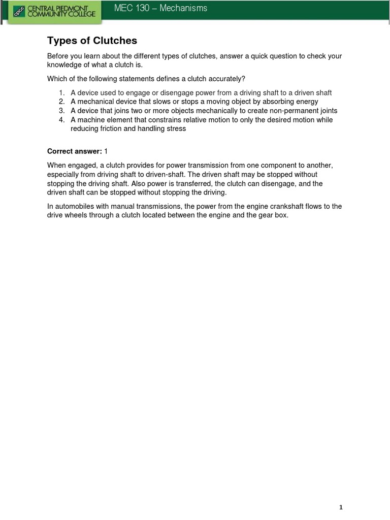 MEC 130 Module 4 PDF 1 Types of Clutches PDF Clutch Friction