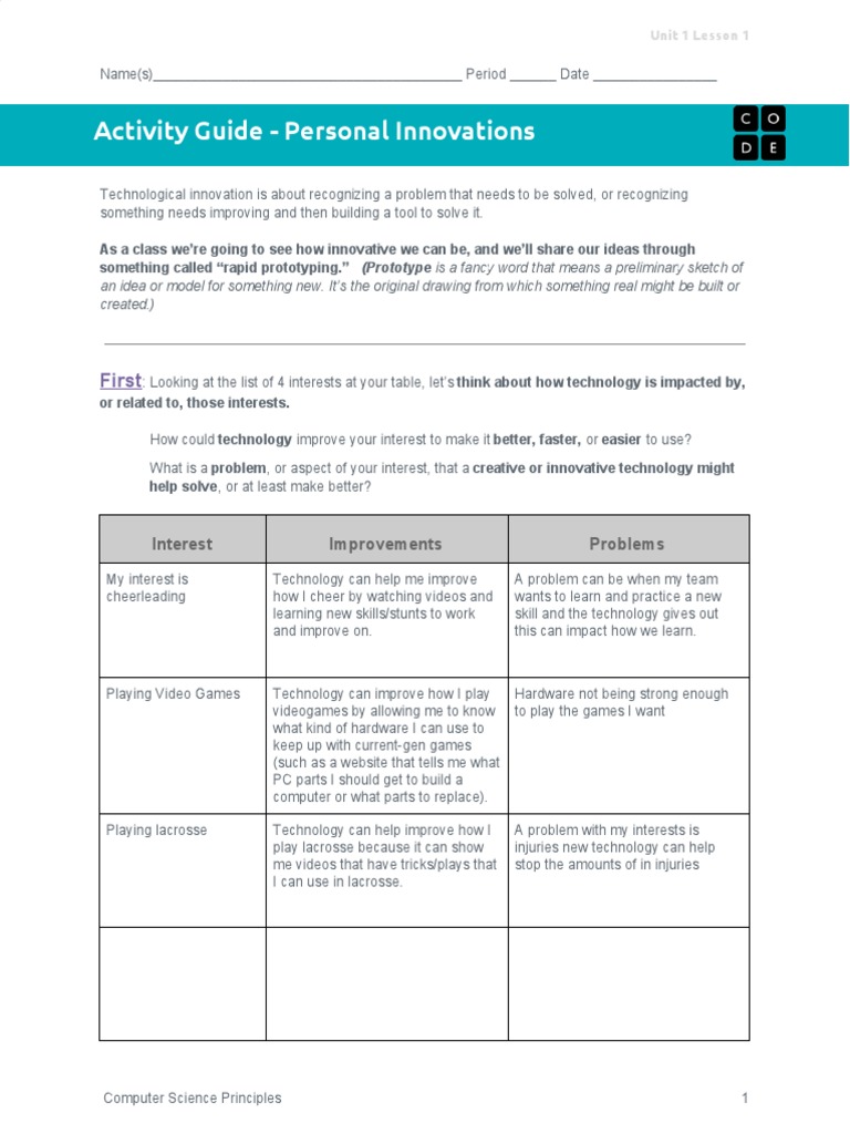 Personal Innovations Activity Guide | PDF | Video Games | Communication