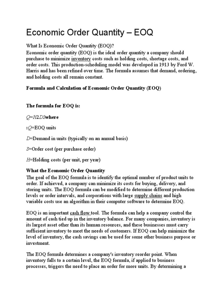 Formula and Calculation of Economic Order Quantity (EOQ) | PDF ...
