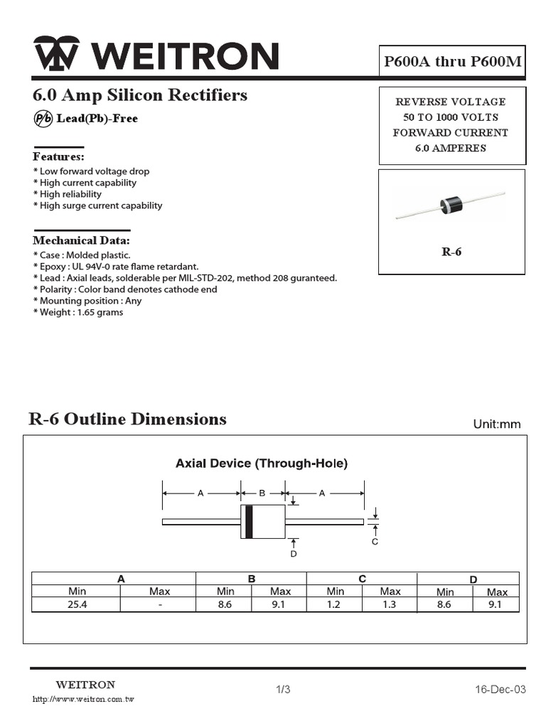 Technical Specification Sheet for 6.0 Amp Silicon Rectifiers with