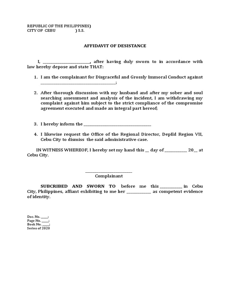 AFFIDAVIT OF DESISTANCE - Sample | PDF