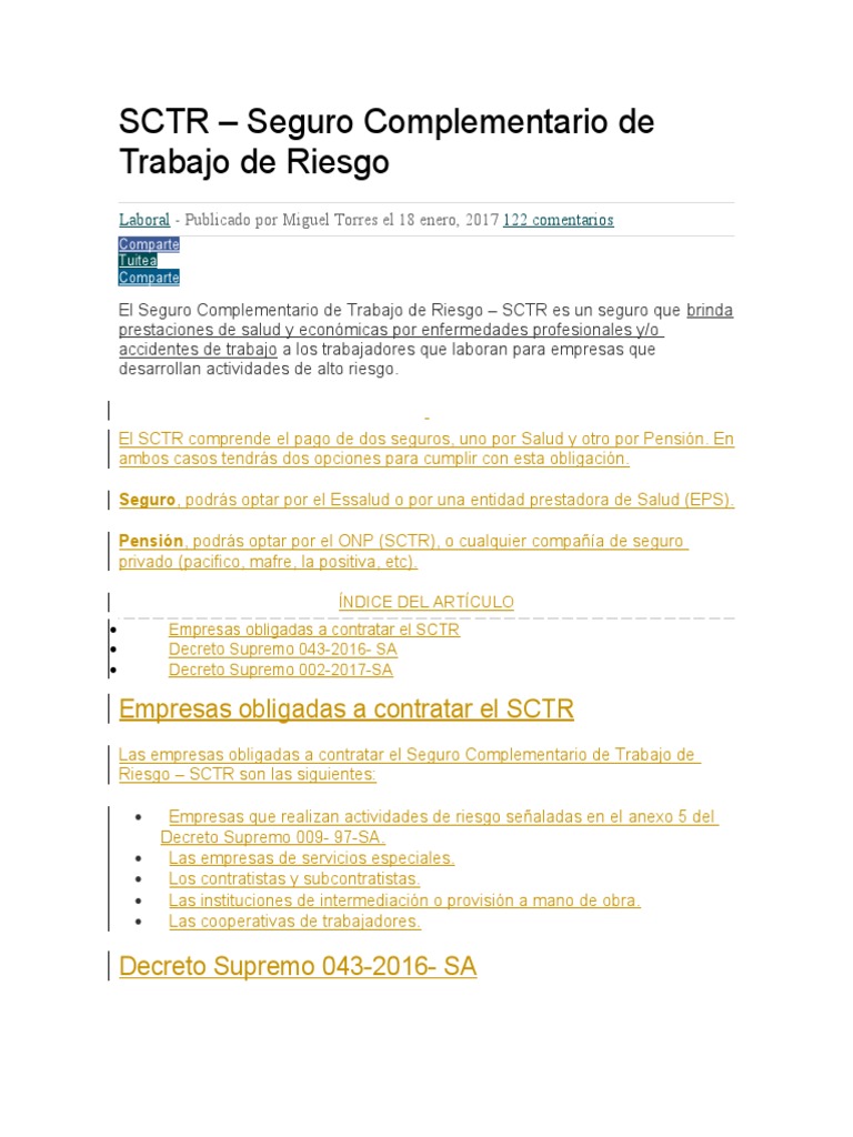 SCTR: Seguro Complementario Laboral | PDF | Seguro | Pensión