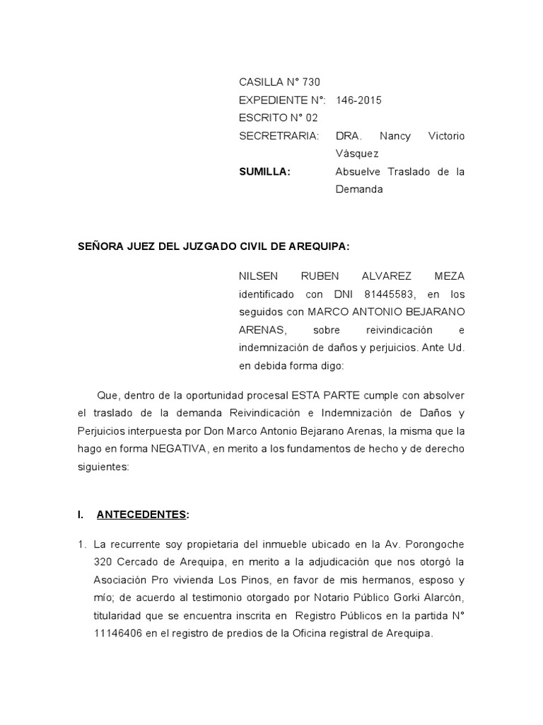 Modelo de Contestacion de Demanda de Reivindicacion 2020 | PDF ...