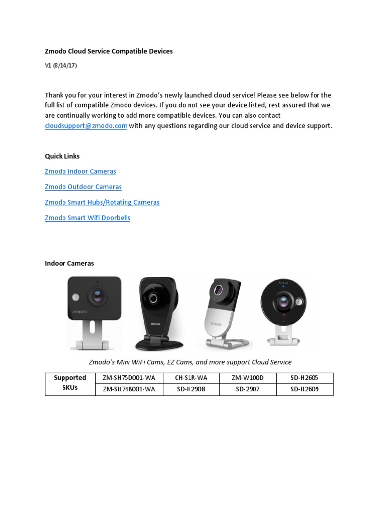 Zmodo Cloud Service Compatible Devices PDF