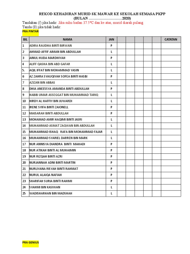 Borang Kehadiran Murid Ke Sekolah Semasa Pkpp 10ogos2020 Pdf