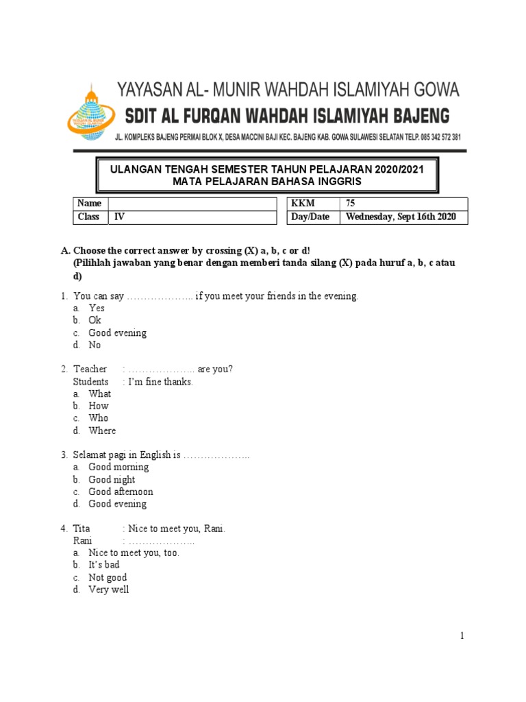 Mid Test English Grade 4 Pdf