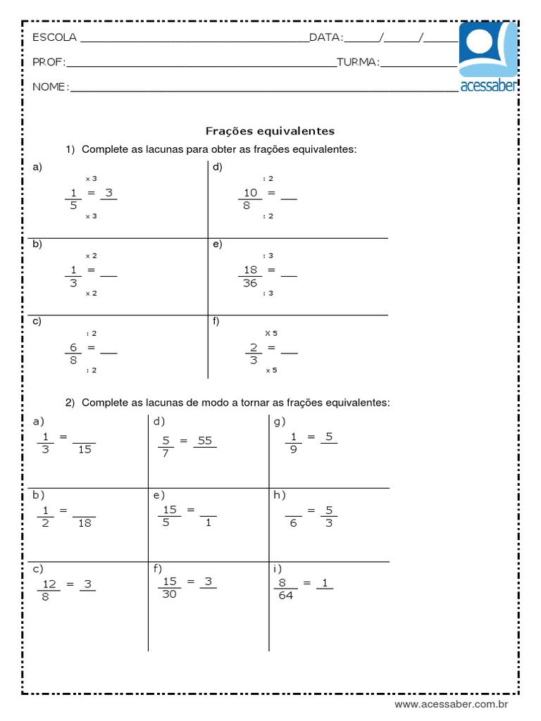 Atividade de Matematica Fracoes Equivalentes 5 Ou 6 Ano | PDF