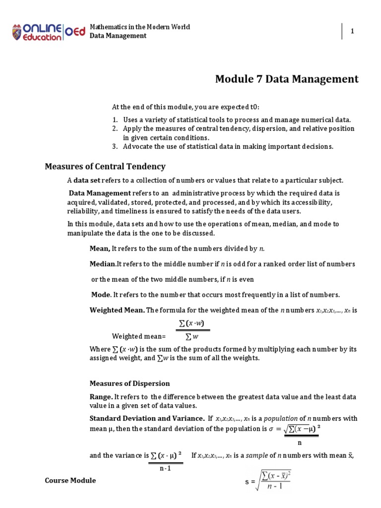 Lesson 7 - Data Management PDF | PDF | Mean | Median