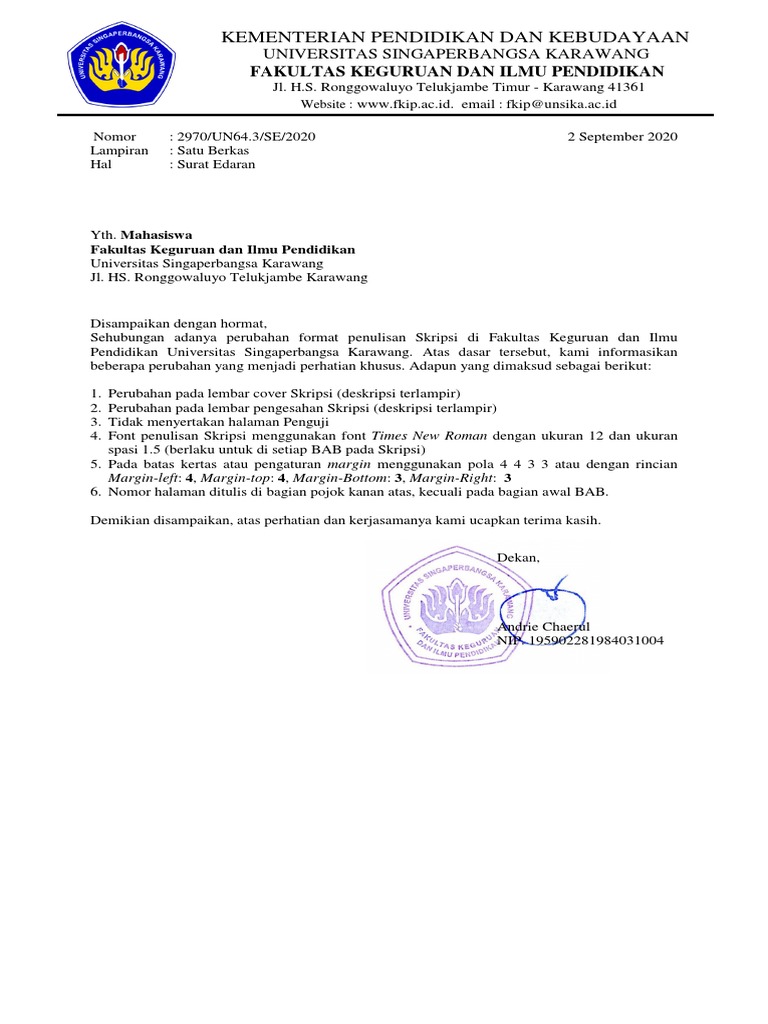 Surat Edaran Format Skripsi FKIP 2020 | PDF