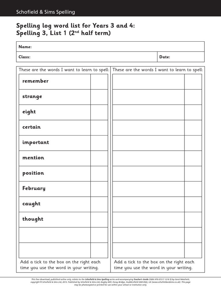 Spelling Supplementary Spelling Log Years 3&4 PDF | PDF | Writing ...