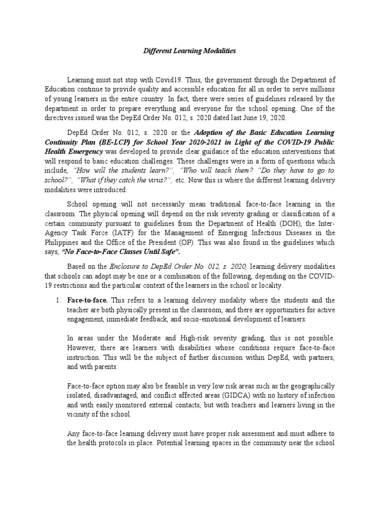 Learning Delivery Modalities in DepEd | PDF | Distance Education | Learning