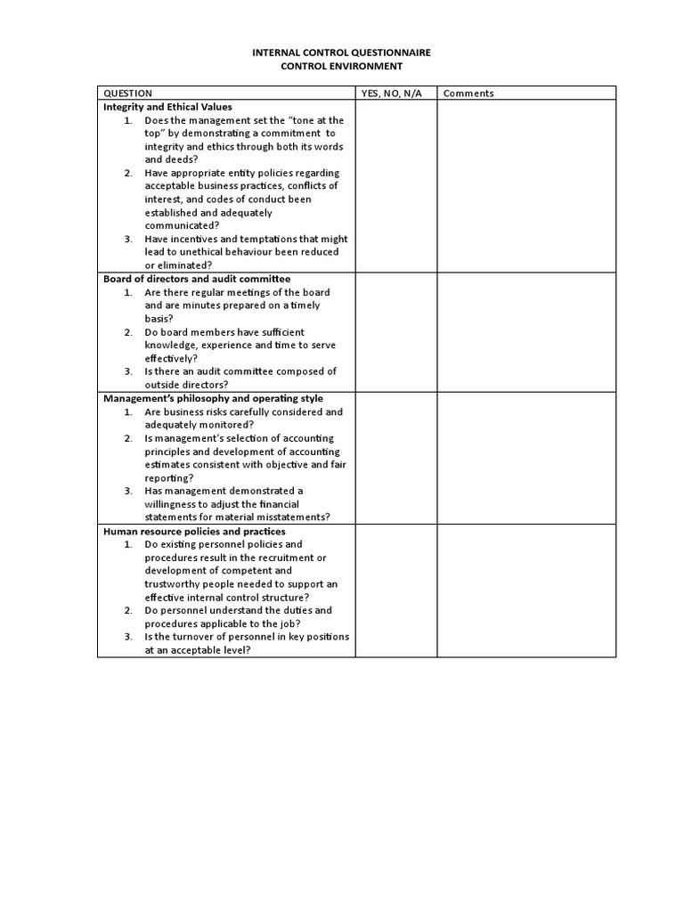 Internal Control Questionnaire Control Environment PDF Internal