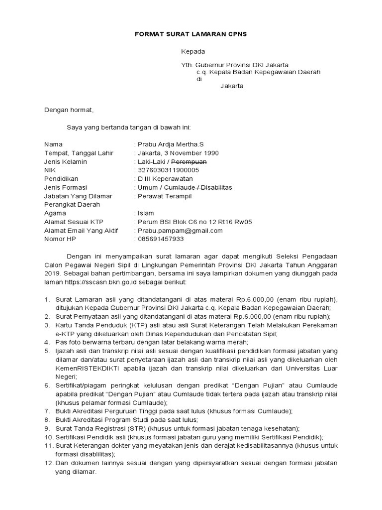 Surat Lamaran Cpns Pemprov Dki Jakarta