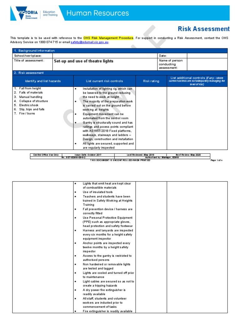 Theatre Lighting Risk Assessment Template | PDF | Occupational Safety ...