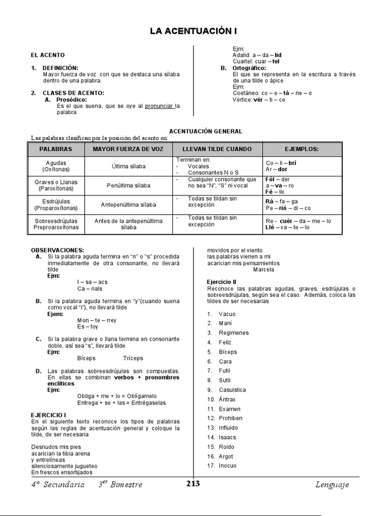 Reglas de Acentuación y Ejercicios | PDF | Estrés (lingüística ...