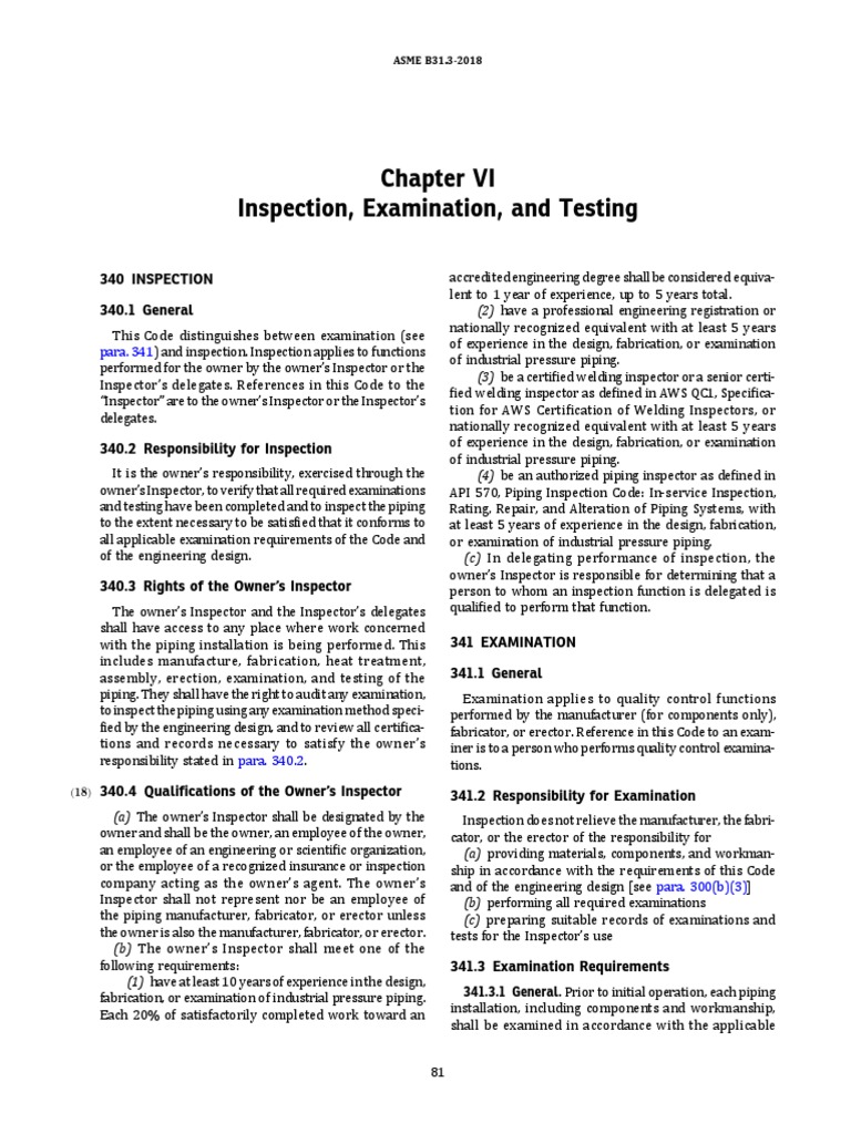 Asme b31 3 code chapter on inspection examination and testing pdf