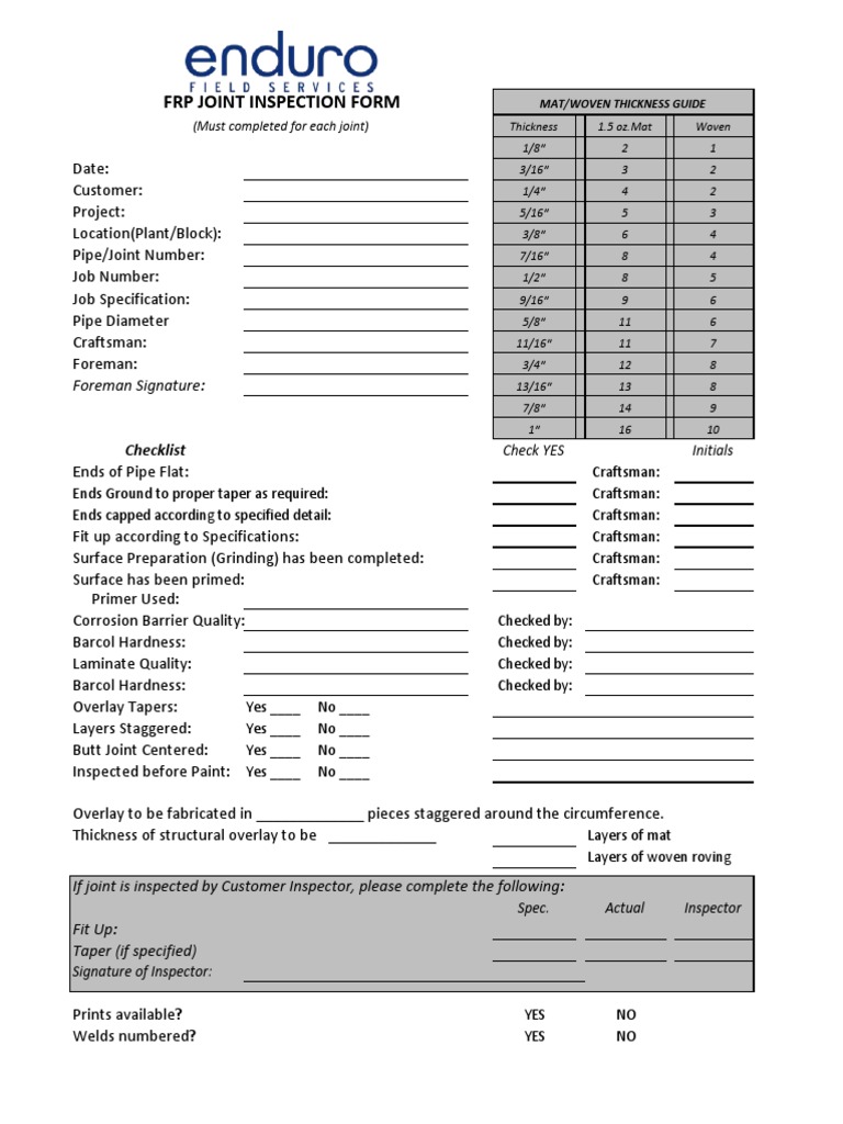 FRP Joint Inspection Form: Foreman Signature | PDF | Pipe (Fluid ...