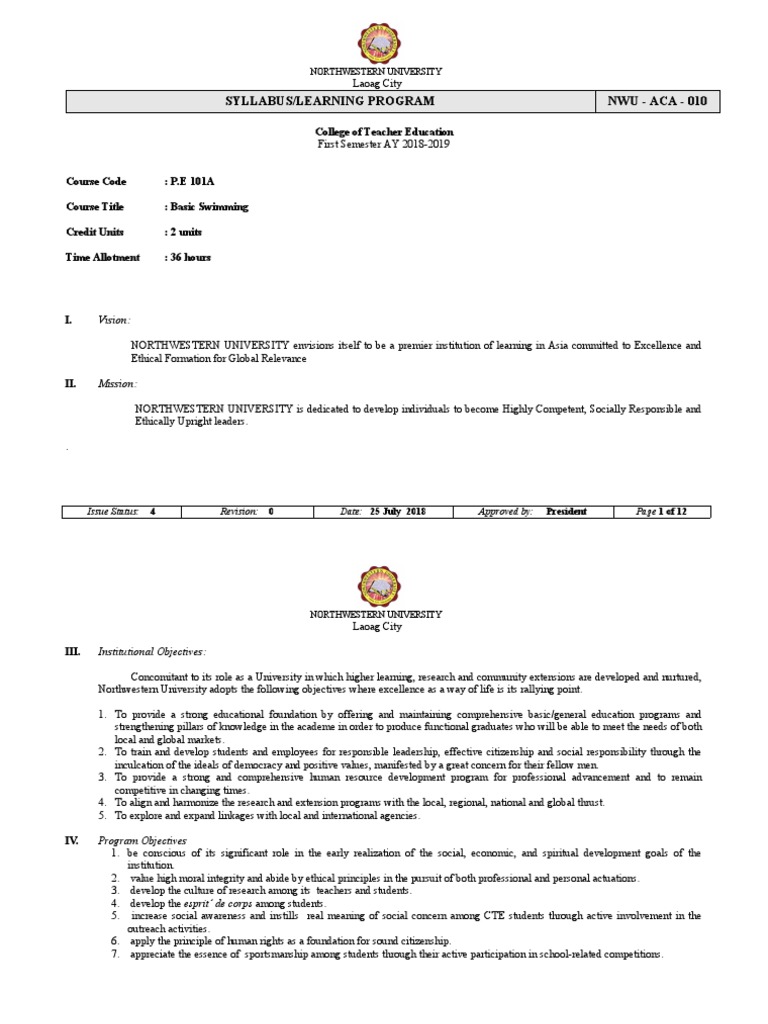 Syllabi P.E. Basic Swimming A.Y. 20182019 PDF Educational