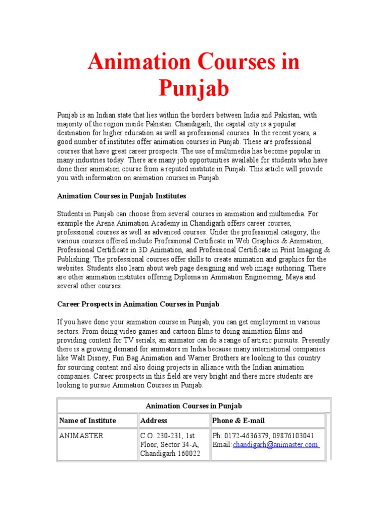 Animation Courses in Punjab | PDF | Animation | Punjab