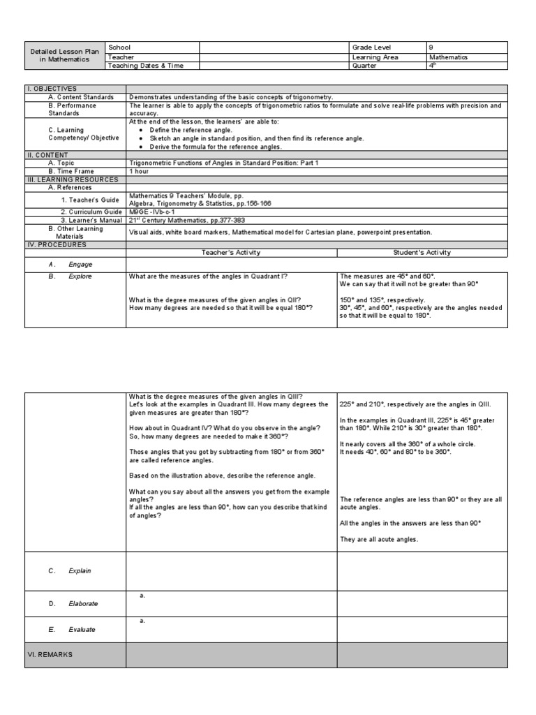 Trigonometry Lesson Plan for Grade 9 | PDF | Trigonometry | Angle