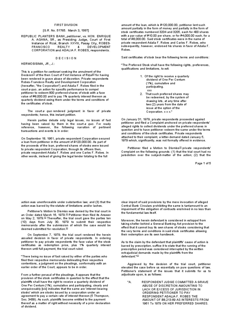 Corporation Law Republic Planter Bank v. Agana PDF Preferred