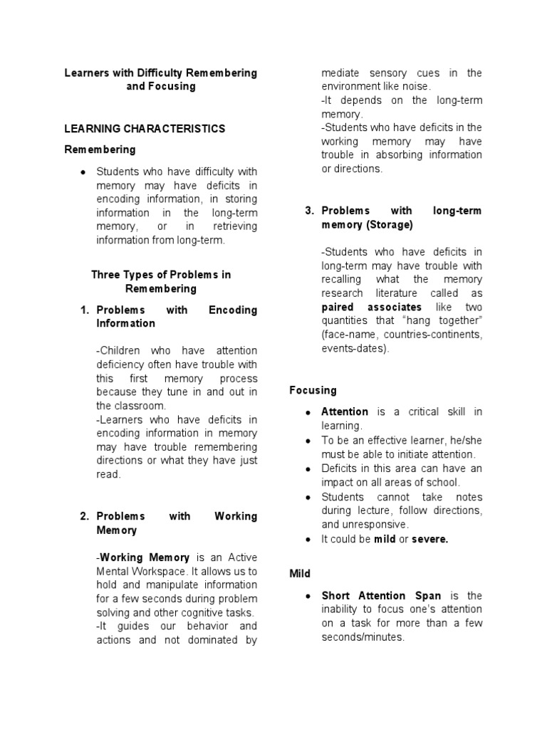Strategies for Learners' Memory Issues | PDF | Memory | Attention