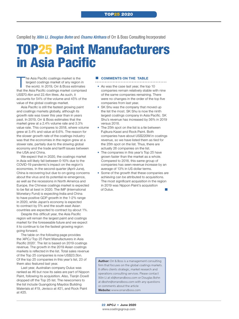 Top 25 Paint Manufacturers in Asia Pacific PDF Paint The United