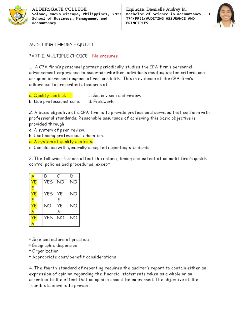 Espinoza, Audit Quiz 1 | PDF | Financial Audit | Audit