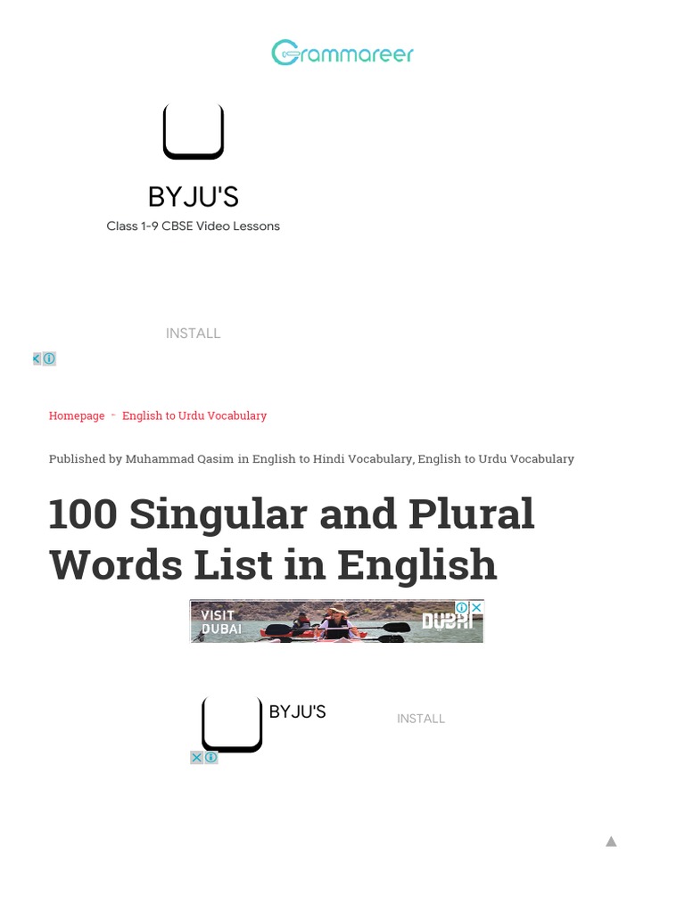 100 Singular And Plural Words List In English Grammareer Plural Grammatical Number
