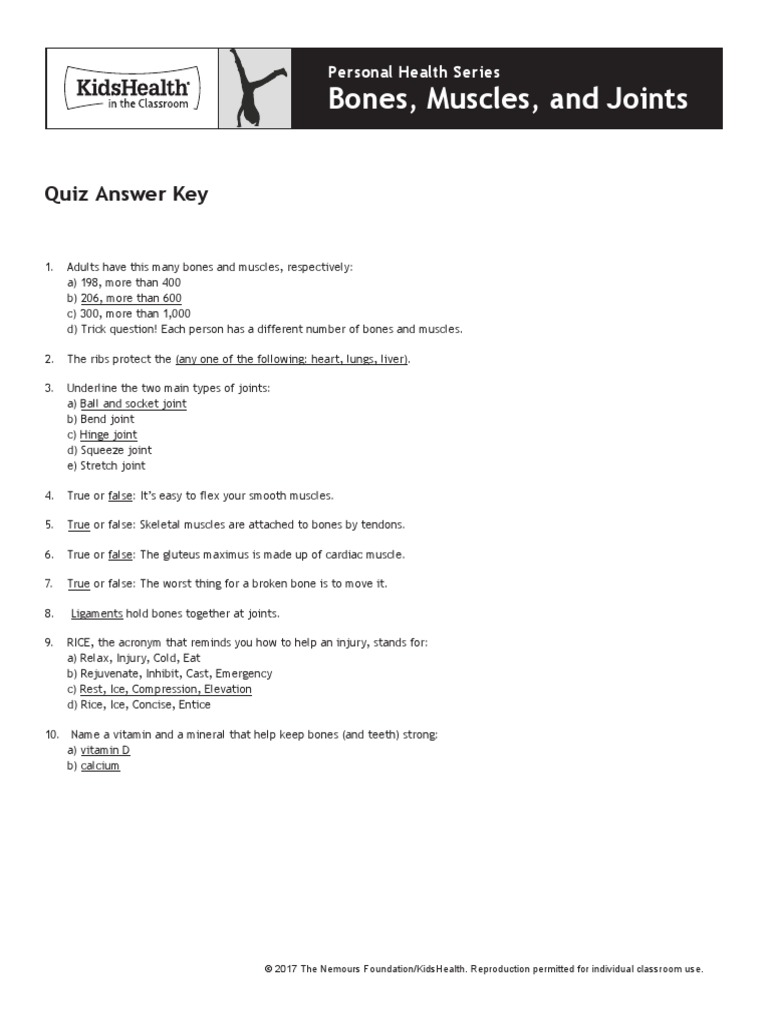 Bones, Muscles, and Joints Quiz Answer Key PDF