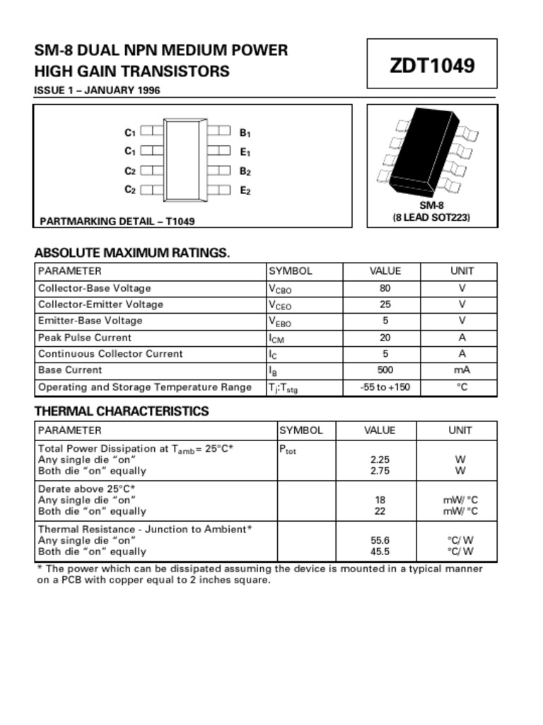 Sm8 Dual NPN Medium Power High Gain Transistors Absolute Maximum