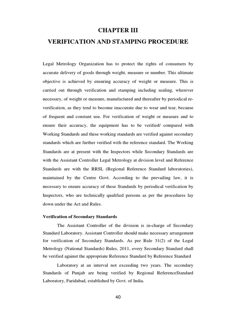 PUNJAB LEGAL METROLOGY MANUAL 2018 Chapter III VERIFICATION AND