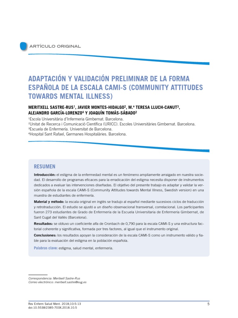 Adaptación Y Validación Preliminar de La Forma Española de La Escala