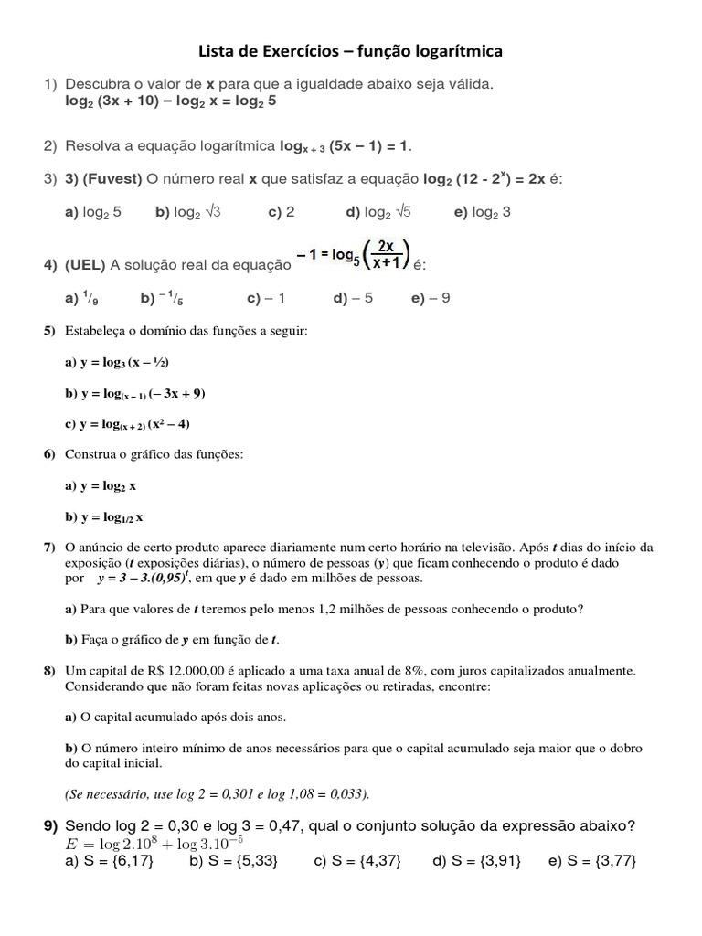 Exercícios Resolvidos de Função Logarítmica | PDF | Métodos e Materiais ...