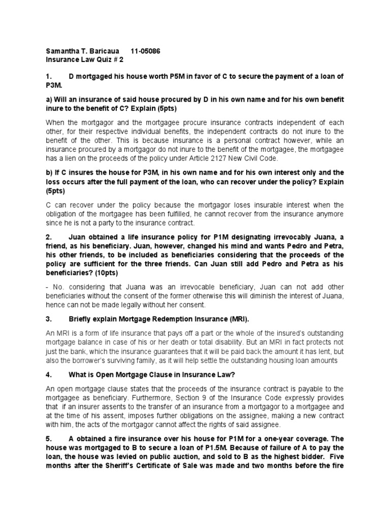 Insurance Law Quiz 2 PDF Mortgage Law Contract Law