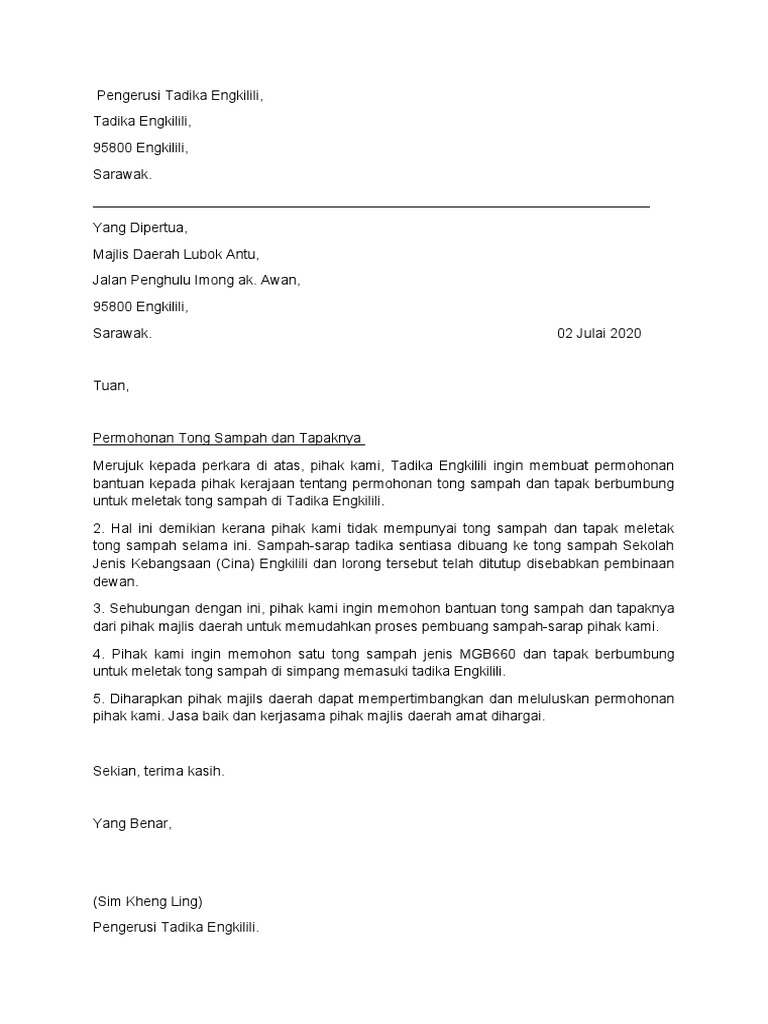 Contoh Surat Rasmi Untuk Pemohonan Tong Sampah Besar Smc