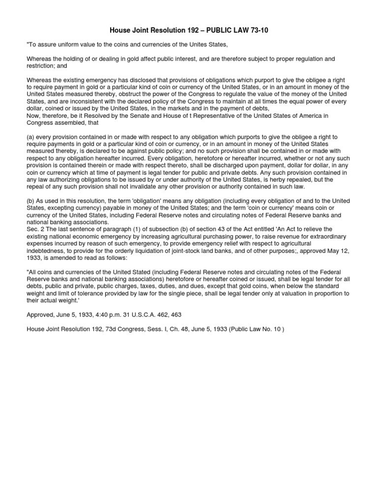 HJR 192: Discharge of Debt Law | PDF | Legal Tender | Currency
