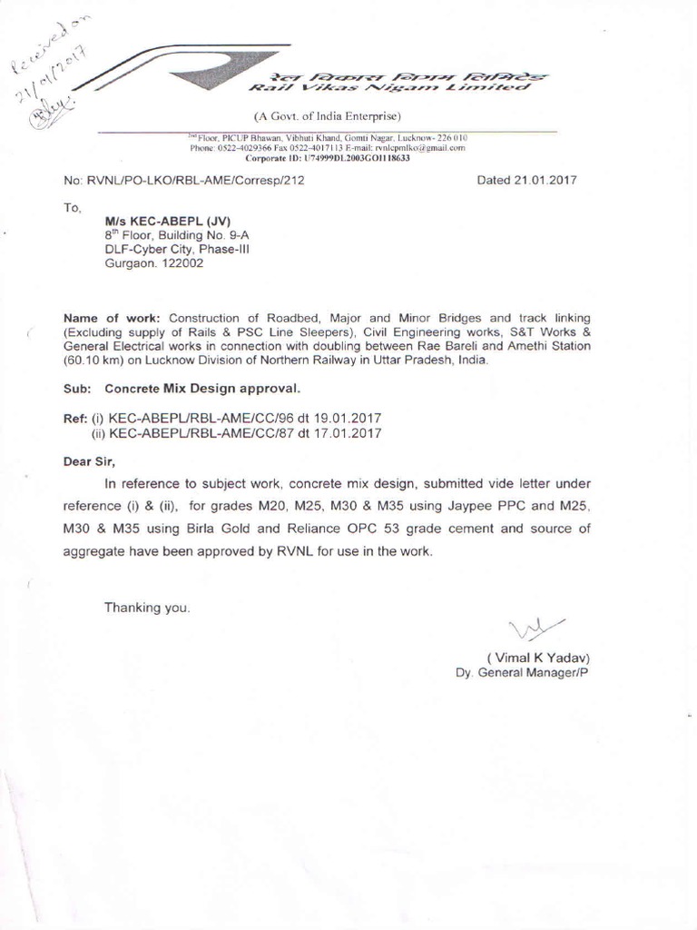 Design Mix Approval Letter by RVNL PDF