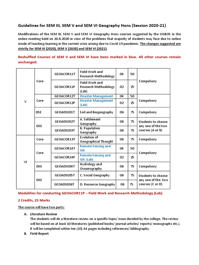 Guidelines For SEM III, SEM V and SEM VI Geography Hons (Session 2020 ...