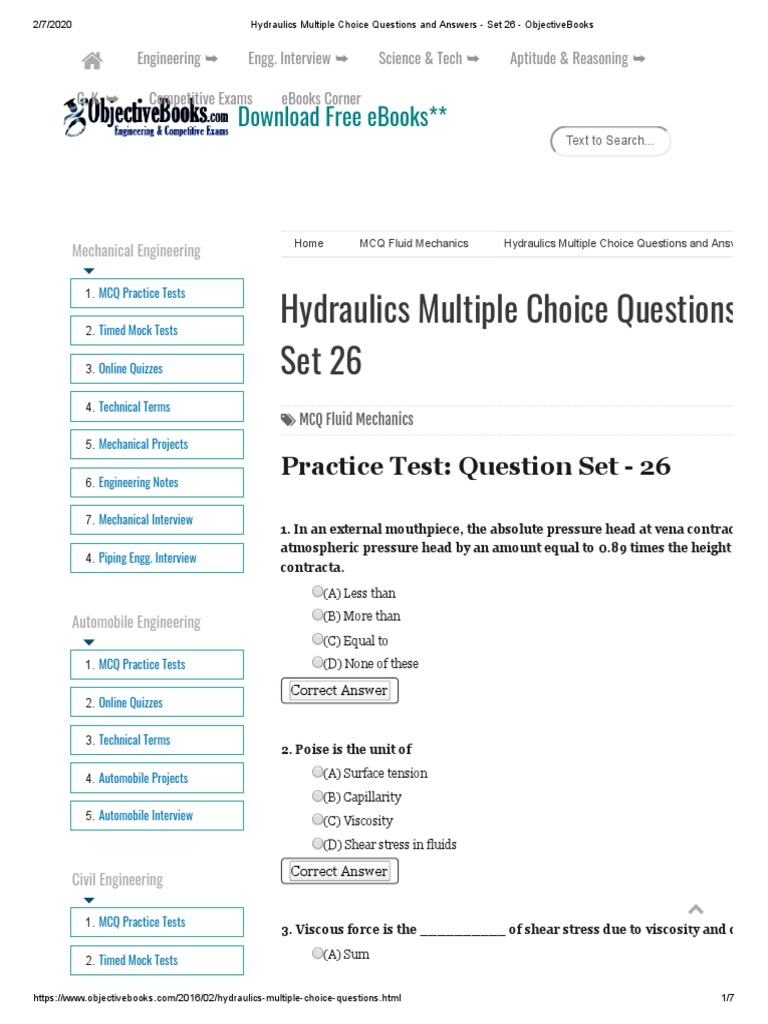 Hydraulics Multiple Choice Questions and Answers Set 26