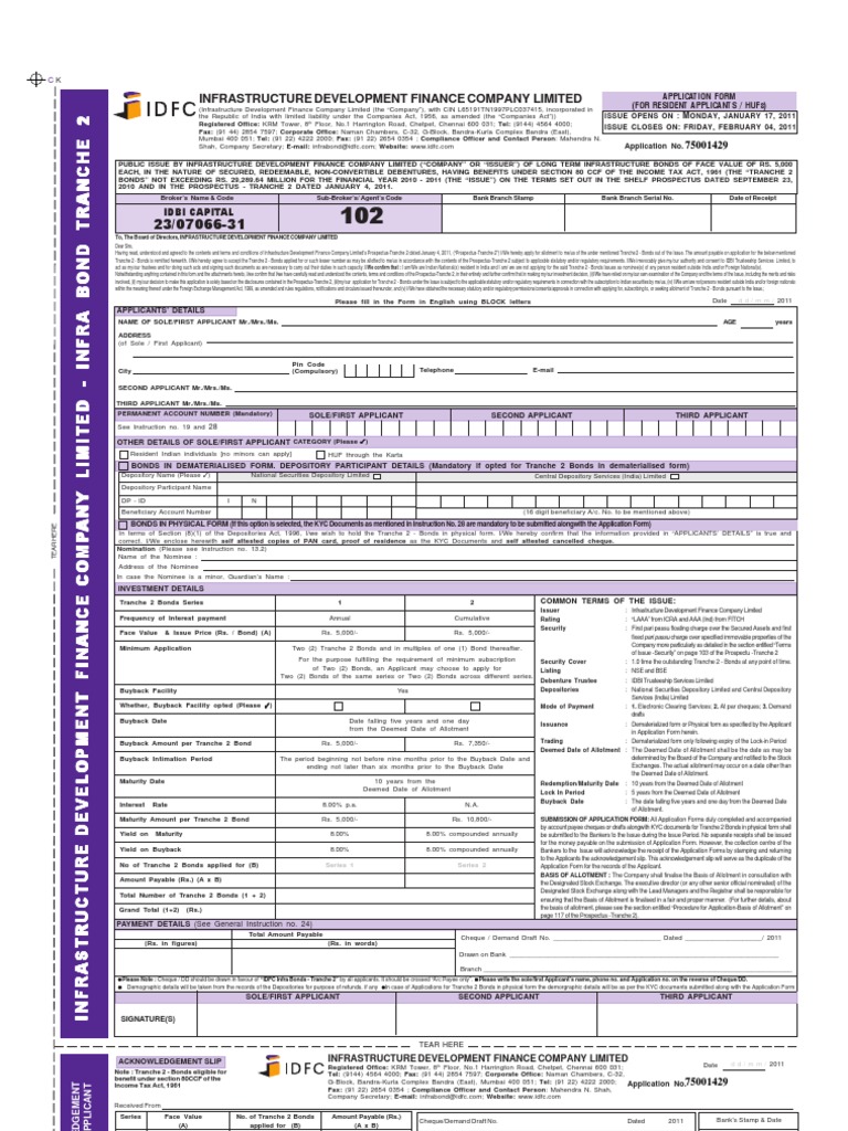 IDFC Long Term Infrastructure Bonds Application | PDF | Bonds (Finance ...