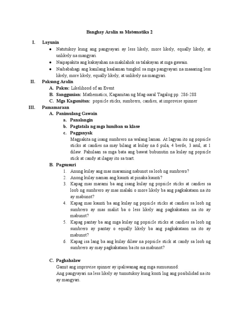 Banghay Aralin Sa Matematika 2 | PDF