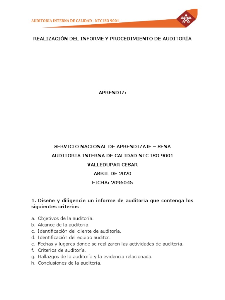 Informe Auditoría Interna ISO 9001:2015 | PDF | Auditoría | Sistema de ...