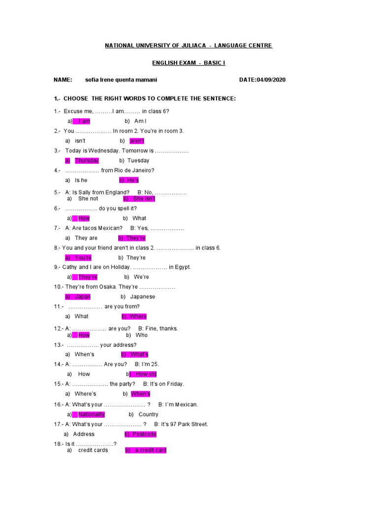 Basic I Final Exam | PDF | Plural | Human Communication