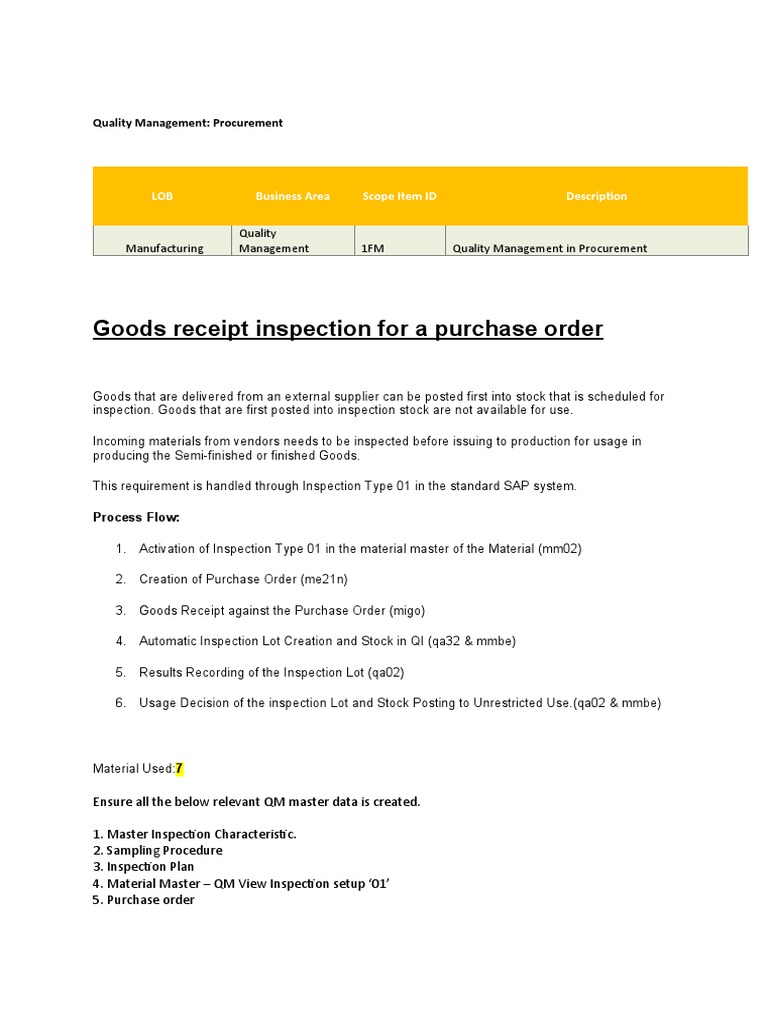 Goods Receipt Inspection in SAP QM | PDF