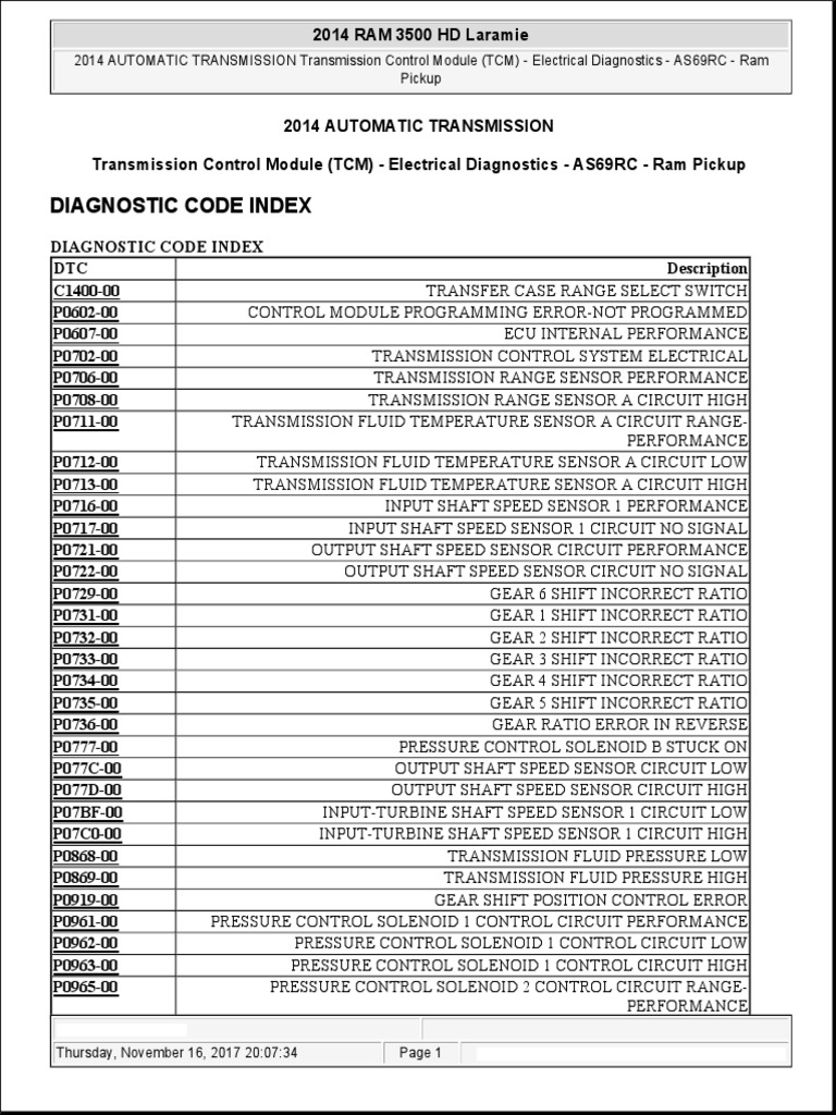 2014 Ram TCM Diagnostic Codes Guide | PDF | Transmission (Mechanics ...