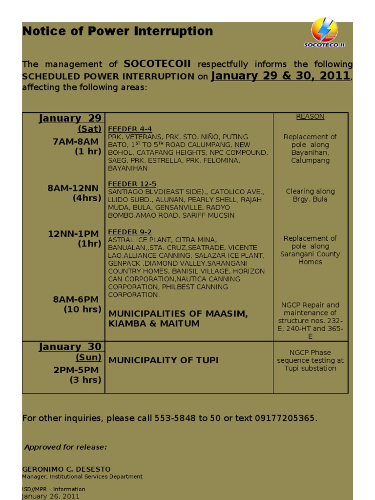 Scheduled Power Interruption Notice | PDF