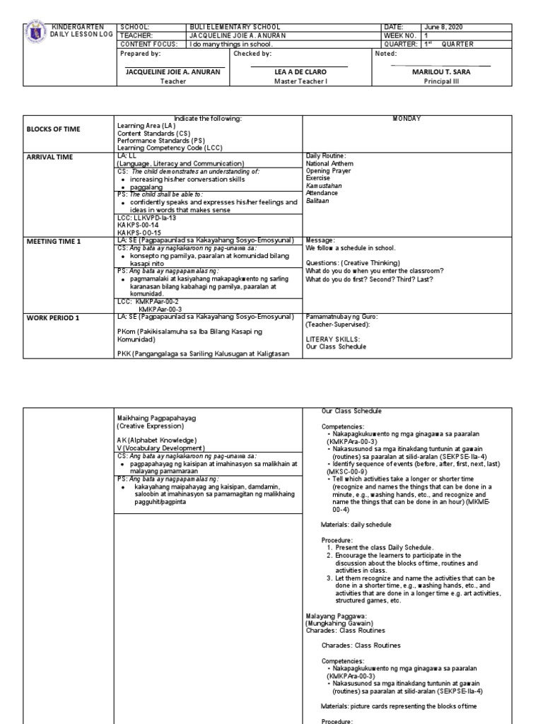 Kindergarten Daily Lesson Plan | PDF | Weight | Teachers