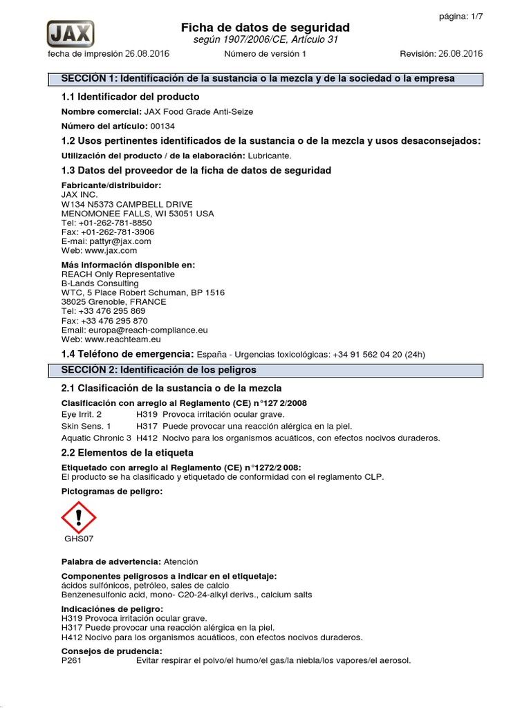 MSDS JAX Food Grade Anti Seize Español PDF Agua Química